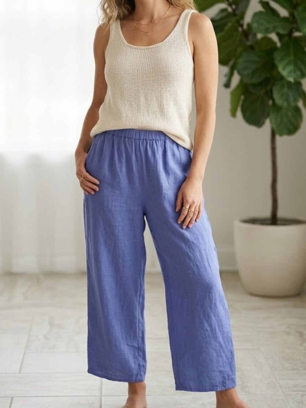 NWT FLAX 100% Linen Wide Leg Crop Pants Periwinkle Sz 1G Flood Lagenlook *Flaw